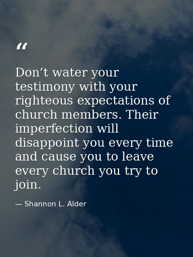 Don’t water your testimony with your righteous expectations of church members. Their imperfection will disappoint you ev — Shannon L. Alder
