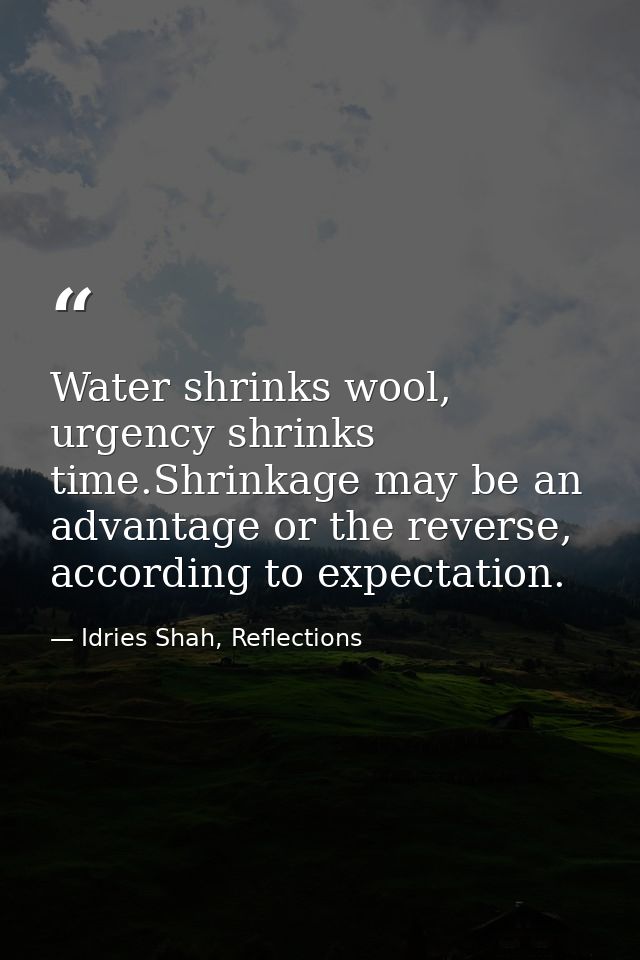 Water shrinks wool, urgency shrinks time.Shrinkage may be an advantage or the reverse, according to expectation. — Idries Shah, Reflections