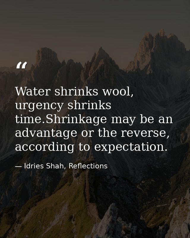 Water shrinks wool, urgency shrinks time.Shrinkage may be an advantage or the reverse, according to expectation. — Idries Shah, Reflections