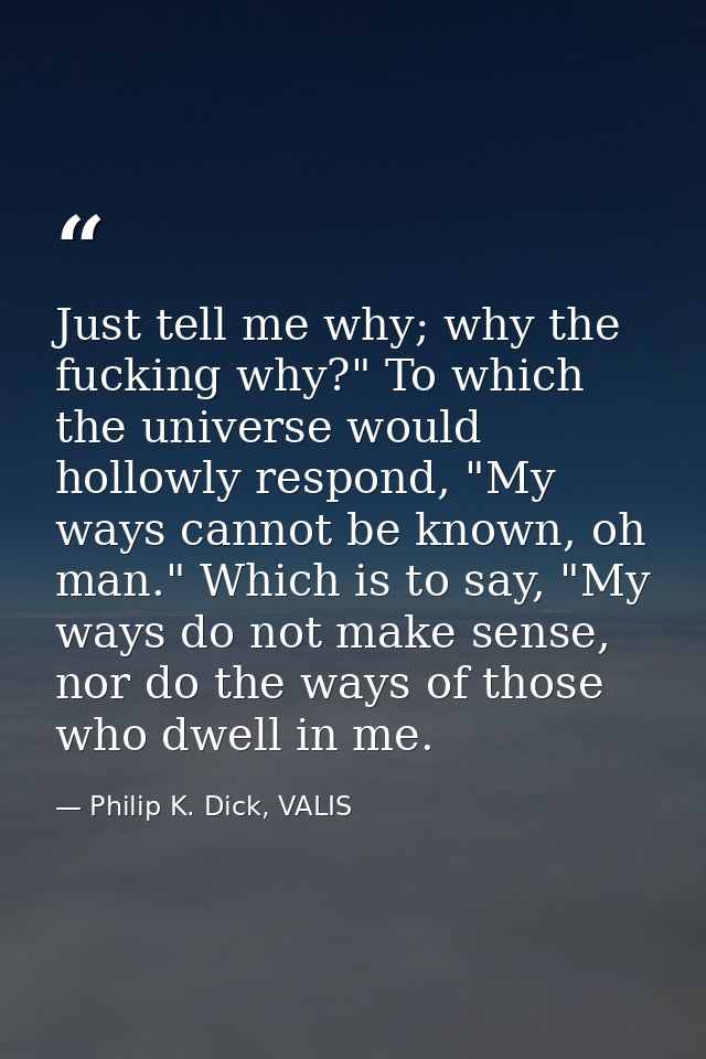 Just tell me why; why the fucking why?" To which the universe would hollowly respond, "My ways cannot be known, oh man." — Philip K. Dick, VALIS