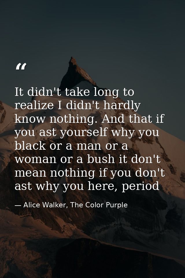 It didn't take long to realize I didn't hardly know nothing. And that if you ast yourself why you black or a man or a wo — Alice Walker, The Color Purple
