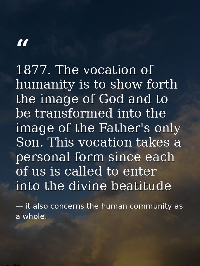 1877. The vocation of humanity is to show forth the image of God and to be transformed into the image of the Father's on — it also concerns the human community as a whole.