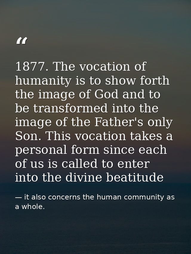 1877. The vocation of humanity is to show forth the image of God and to be transformed into the image of the Father's on — it also concerns the human community as a whole.