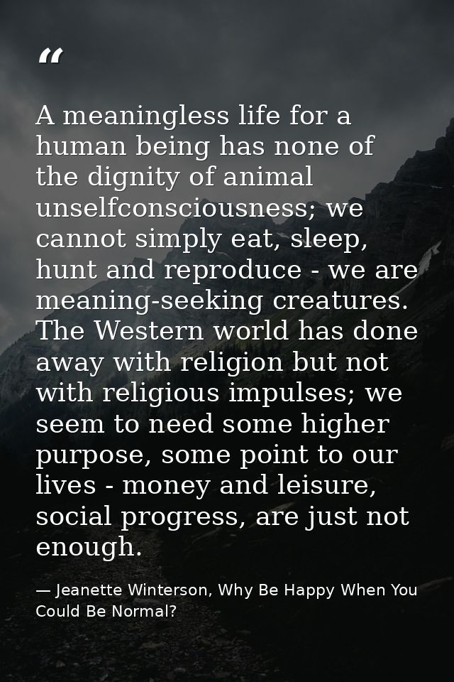 A meaningless life for a human being has none of the dignity of animal unselfconsciousness; we cannot simply eat, sleep, — Jeanette Winterson, Why Be Happy When You Could Be Normal?