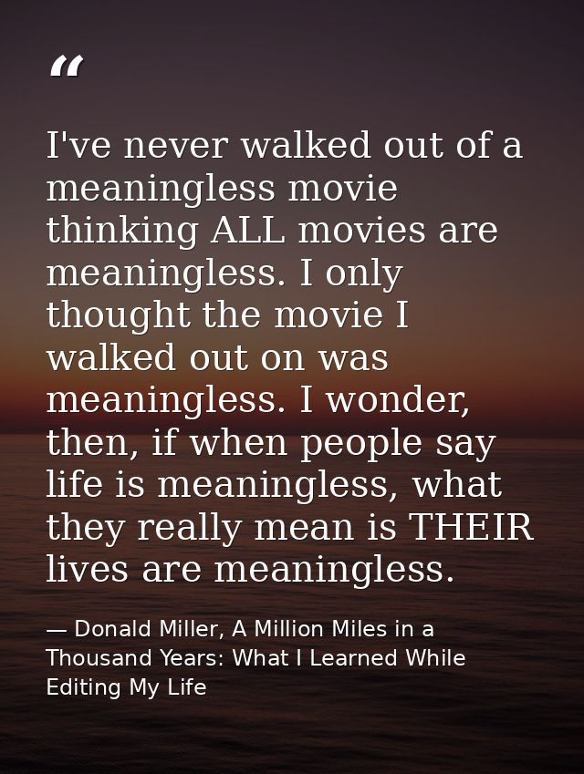 I've never walked out of a meaningless movie thinking ALL movies are meaningless. I only thought the movie I walked out  — Donald Miller, A Million Miles in a Thousand Years: What I Learned While Editing My Life