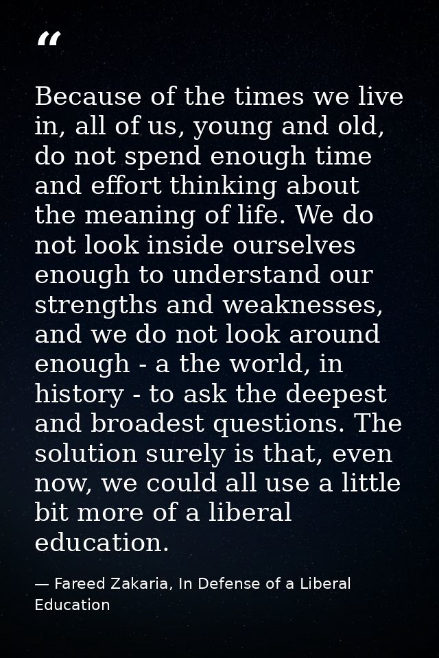 Because of the times we live in, all of us, young and old, do not spend enough time and effort thinking about the meanin — Fareed Zakaria, In Defense of a Liberal Education