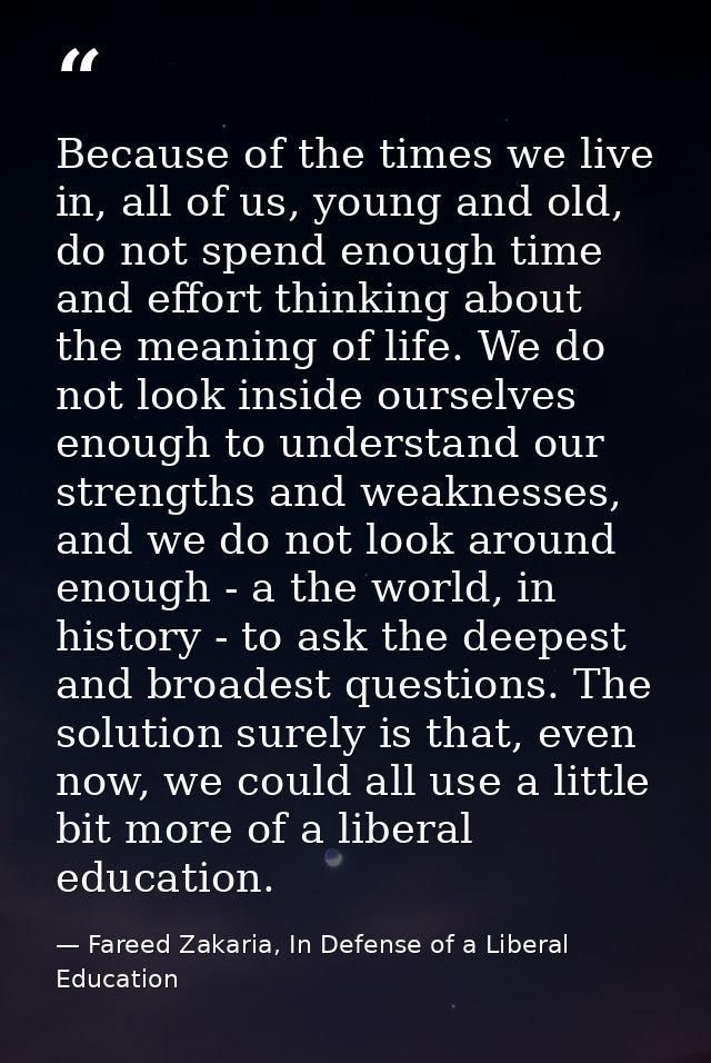 Because of the times we live in, all of us, young and old, do not spend enough time and effort thinking about the meanin — Fareed Zakaria, In Defense of a Liberal Education
