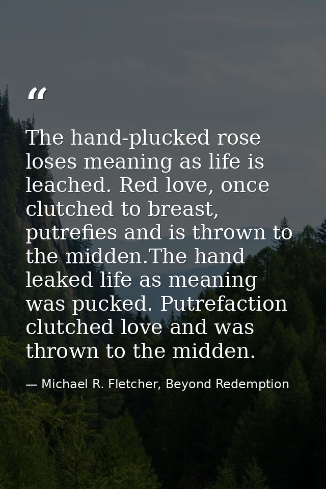 The hand-plucked rose loses meaning as life is leached. Red love, once clutched to breast, putrefies and is thrown to th — Michael R. Fletcher, Beyond Redemption
