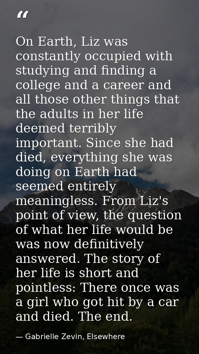 On Earth, Liz was constantly occupied with studying and finding a college and a career and all those other things that t — Gabrielle Zevin, Elsewhere