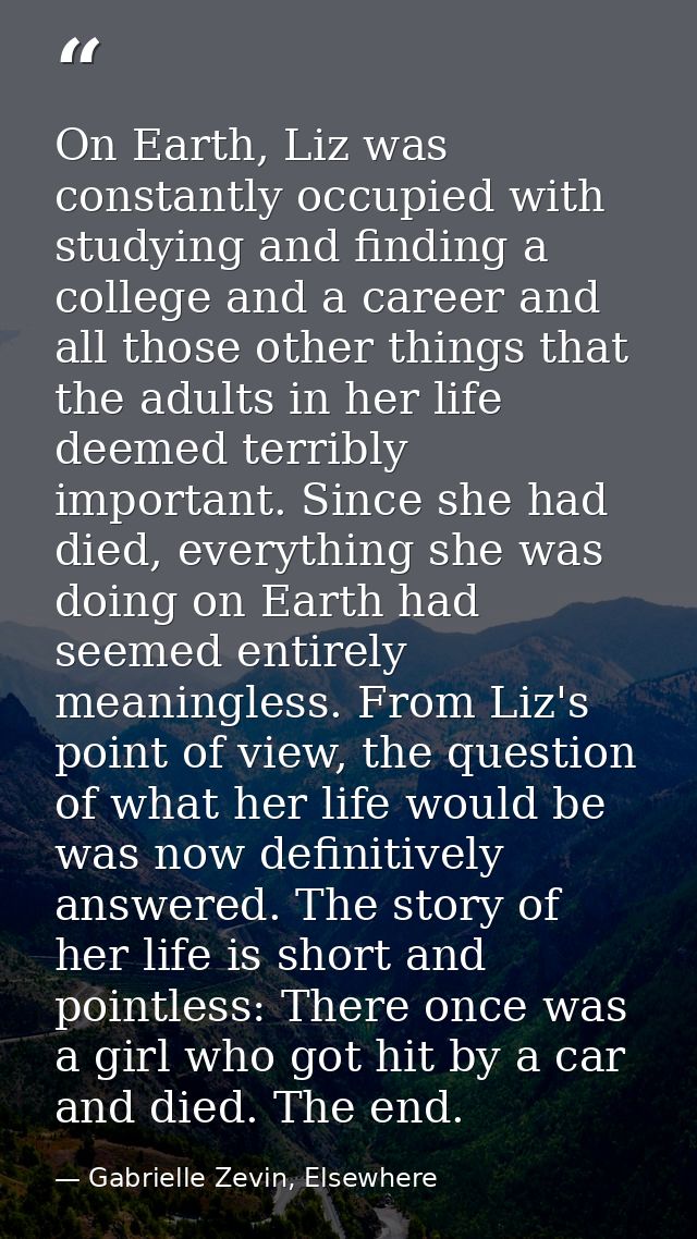 On Earth, Liz was constantly occupied with studying and finding a college and a career and all those other things that t — Gabrielle Zevin, Elsewhere