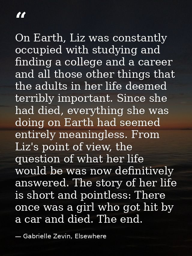 On Earth, Liz was constantly occupied with studying and finding a college and a career and all those other things that t — Gabrielle Zevin, Elsewhere