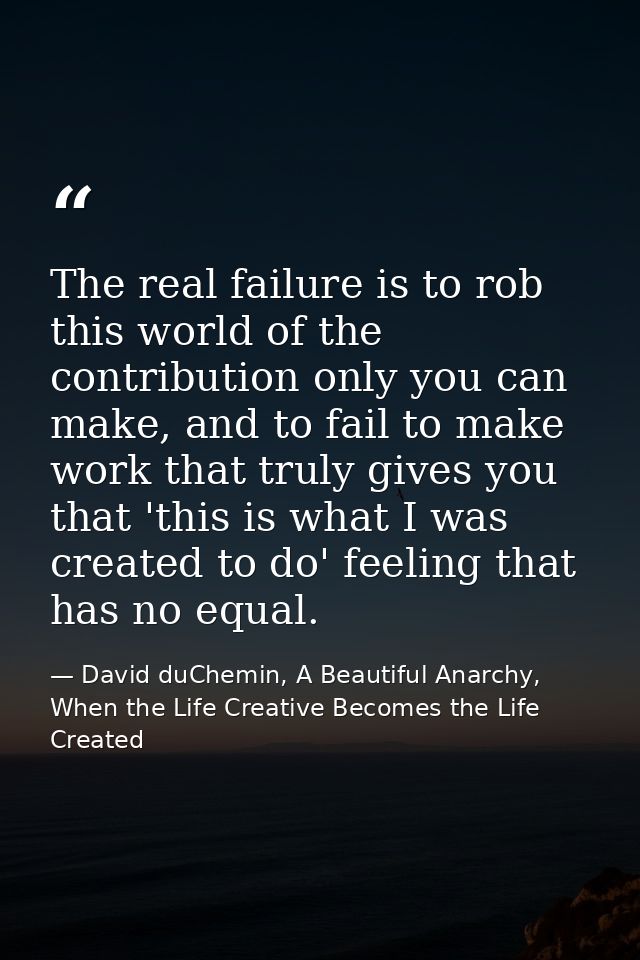 The real failure is to rob this world of the contribution only you can make, and to fail to make work that truly gives y — David duChemin, A Beautiful Anarchy, When the Life Creative Becomes the Life Created