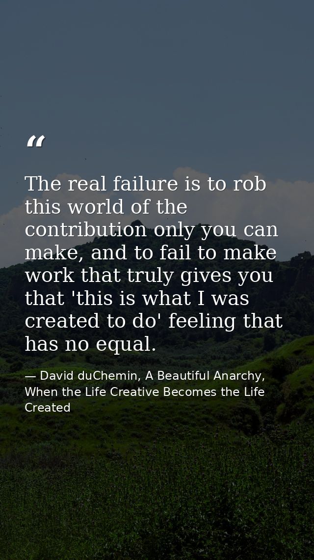 The real failure is to rob this world of the contribution only you can make, and to fail to make work that truly gives y — David duChemin, A Beautiful Anarchy, When the Life Creative Becomes the Life Created
