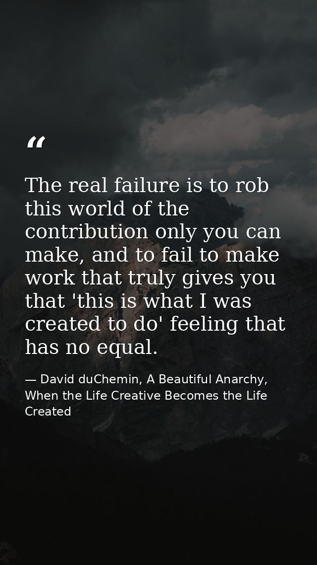 The real failure is to rob this world of the contribution only you can make, and to fail to make work that truly gives y — David duChemin, A Beautiful Anarchy, When the Life Creative Becomes the Life Created