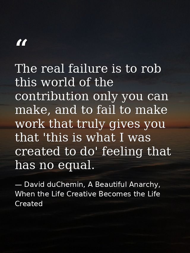 The real failure is to rob this world of the contribution only you can make, and to fail to make work that truly gives y — David duChemin, A Beautiful Anarchy, When the Life Creative Becomes the Life Created