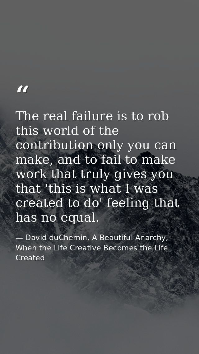 The real failure is to rob this world of the contribution only you can make, and to fail to make work that truly gives y — David duChemin, A Beautiful Anarchy, When the Life Creative Becomes the Life Created