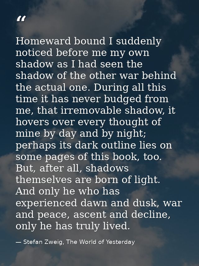 Homeward bound I suddenly noticed before me my own shadow as I had seen the shadow of the other war behind the actual on — Stefan Zweig, The World of Yesterday