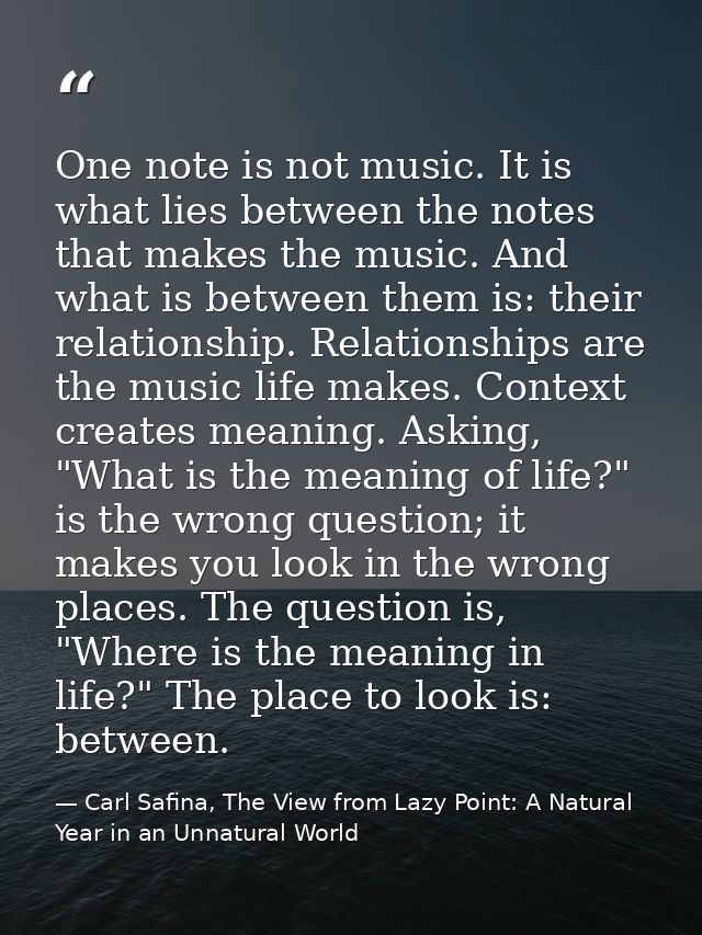 One note is not music. It is what lies between the notes that makes the music. And what is between them is: their relati — Carl Safina, The View from Lazy Point: A Natural Year in an Unnatural World