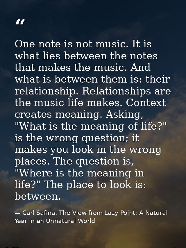 One note is not music. It is what lies between the notes that makes the music. And what is between them is: their relati — Carl Safina, The View from Lazy Point: A Natural Year in an Unnatural World