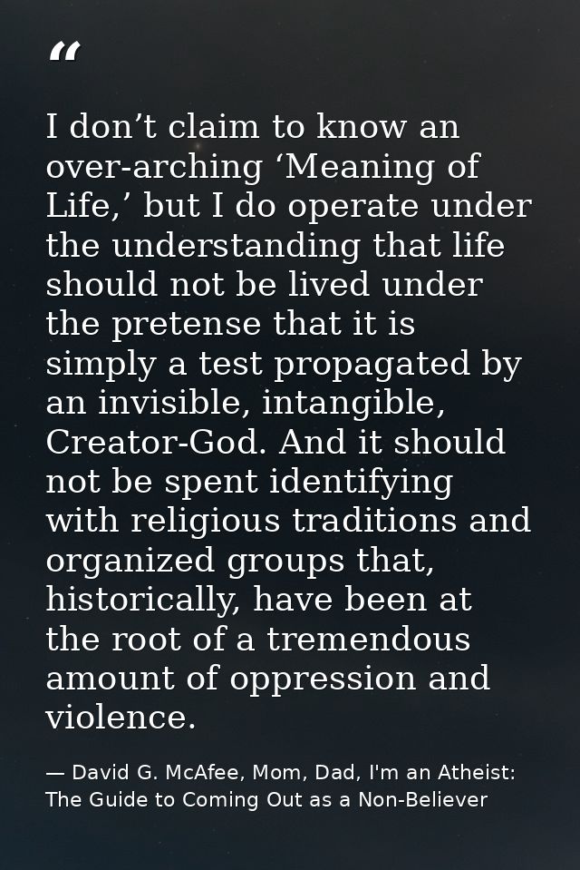 I don’t claim to know an over-arching ‘Meaning of Life,’ but I do operate under the understanding that life should not b — David G. McAfee, Mom, Dad, I'm an Atheist: The Guide to Coming Out as a Non-Believer