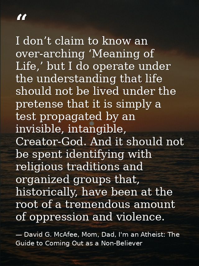 I don’t claim to know an over-arching ‘Meaning of Life,’ but I do operate under the understanding that life should not b — David G. McAfee, Mom, Dad, I'm an Atheist: The Guide to Coming Out as a Non-Believer