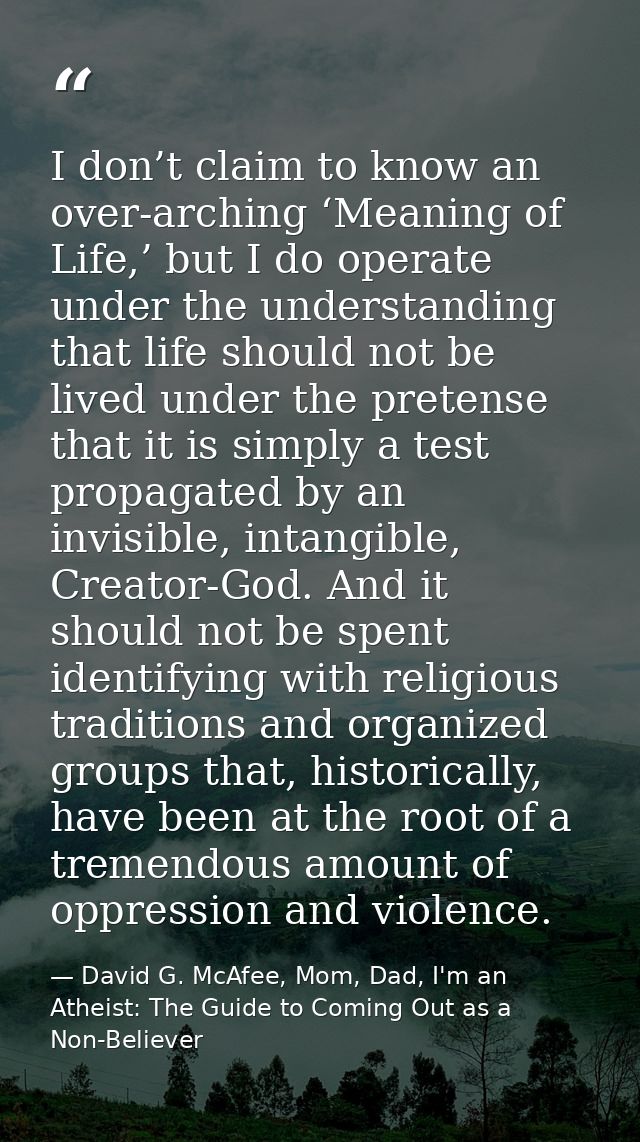 I don’t claim to know an over-arching ‘Meaning of Life,’ but I do operate under the understanding that life should not b — David G. McAfee, Mom, Dad, I'm an Atheist: The Guide to Coming Out as a Non-Believer