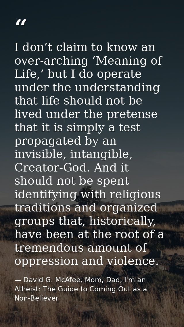 I don’t claim to know an over-arching ‘Meaning of Life,’ but I do operate under the understanding that life should not b — David G. McAfee, Mom, Dad, I'm an Atheist: The Guide to Coming Out as a Non-Believer