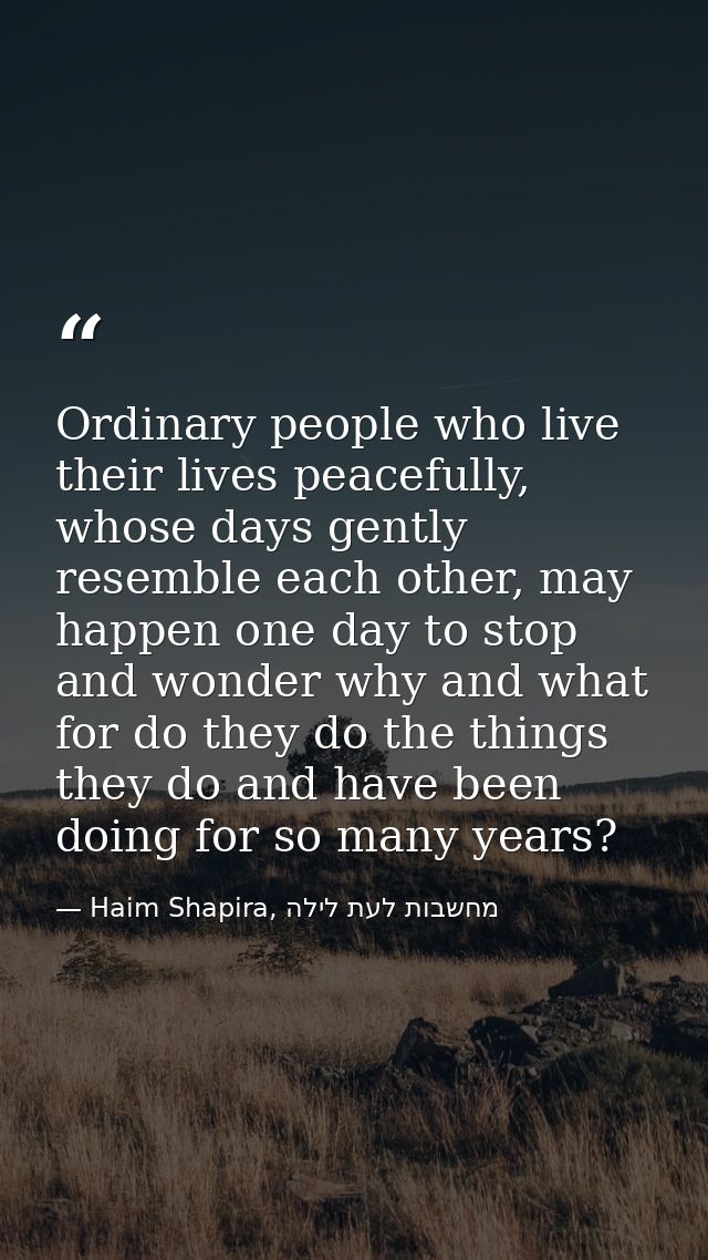 Ordinary people who live their lives peacefully, whose days gently resemble each other, may happen one day to stop and w — Haim Shapira, מחשבות לעת לילה