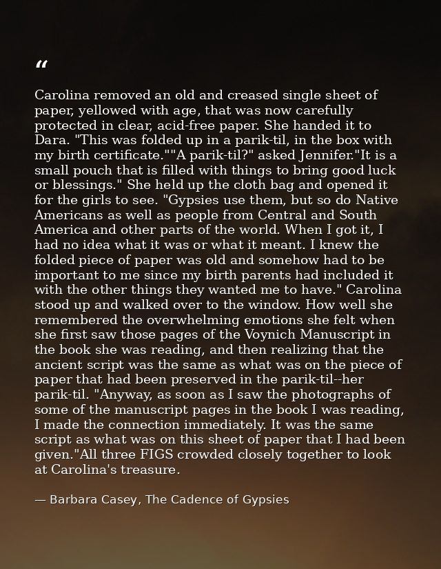 Carolina removed an old and creased single sheet of paper, yellowed with age, that was now carefully protected in clear, — Barbara Casey, The Cadence of Gypsies