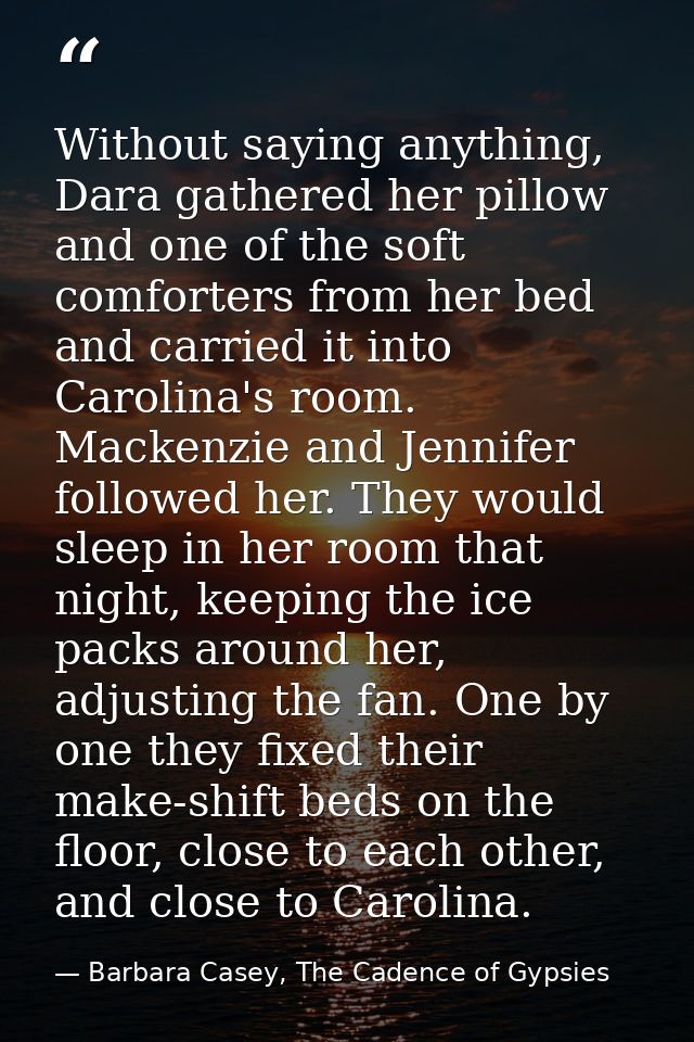 Without saying anything, Dara gathered her pillow and one of the soft comforters from her bed and carried it into Caroli — Barbara Casey, The Cadence of Gypsies