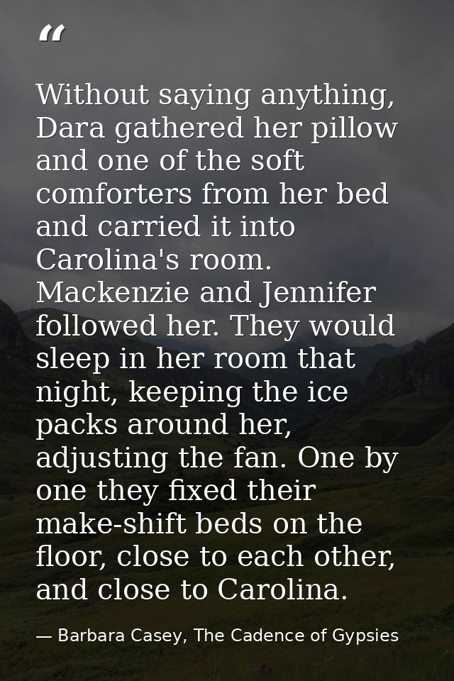 Without saying anything, Dara gathered her pillow and one of the soft comforters from her bed and carried it into Caroli — Barbara Casey, The Cadence of Gypsies