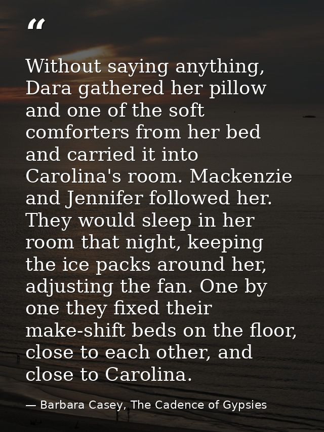 Without saying anything, Dara gathered her pillow and one of the soft comforters from her bed and carried it into Caroli — Barbara Casey, The Cadence of Gypsies