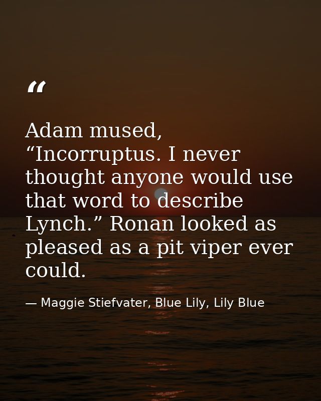 Adam mused, “Incorruptus. I never thought anyone would use that word to describe Lynch.” Ronan looked as pleased as a pi — Maggie Stiefvater, Blue Lily, Lily Blue