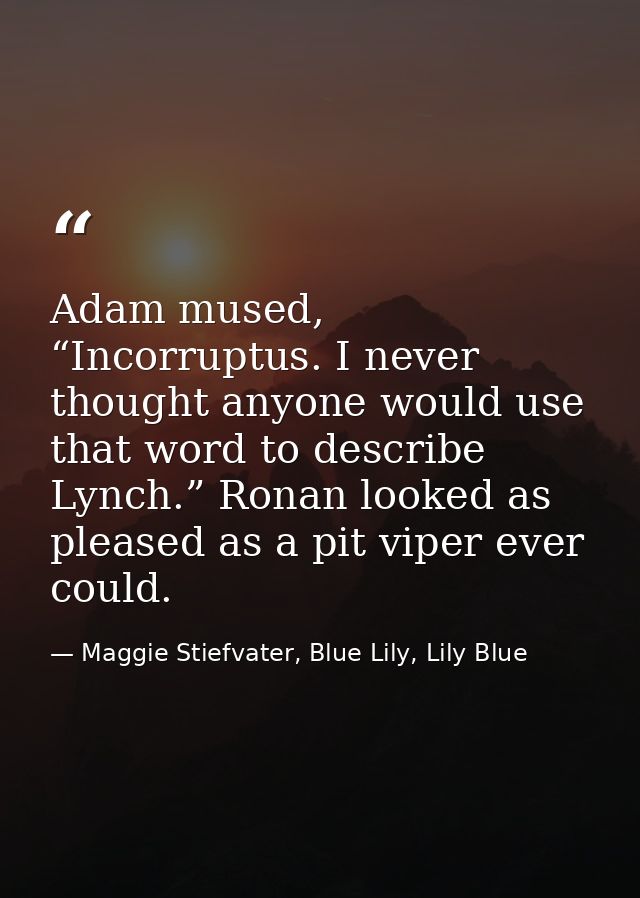 Adam mused, “Incorruptus. I never thought anyone would use that word to describe Lynch.” Ronan looked as pleased as a pi — Maggie Stiefvater, Blue Lily, Lily Blue