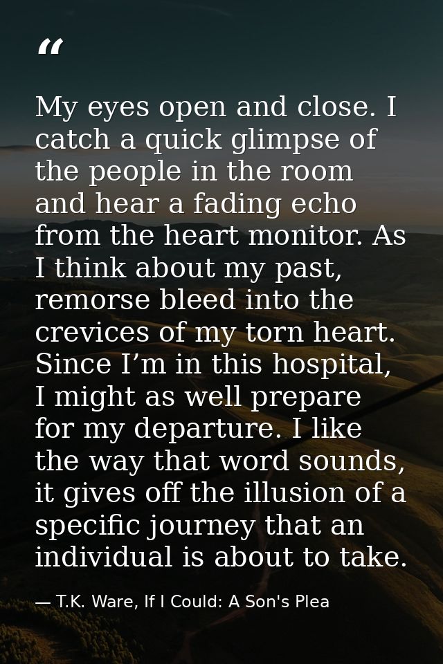 My eyes open and close. I catch a quick glimpse of the people in the room and hear a fading echo from the heart monitor. — T.K. Ware, If I Could: A Son's Plea