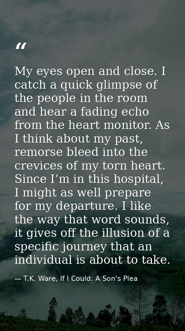 My eyes open and close. I catch a quick glimpse of the people in the room and hear a fading echo from the heart monitor. — T.K. Ware, If I Could: A Son's Plea