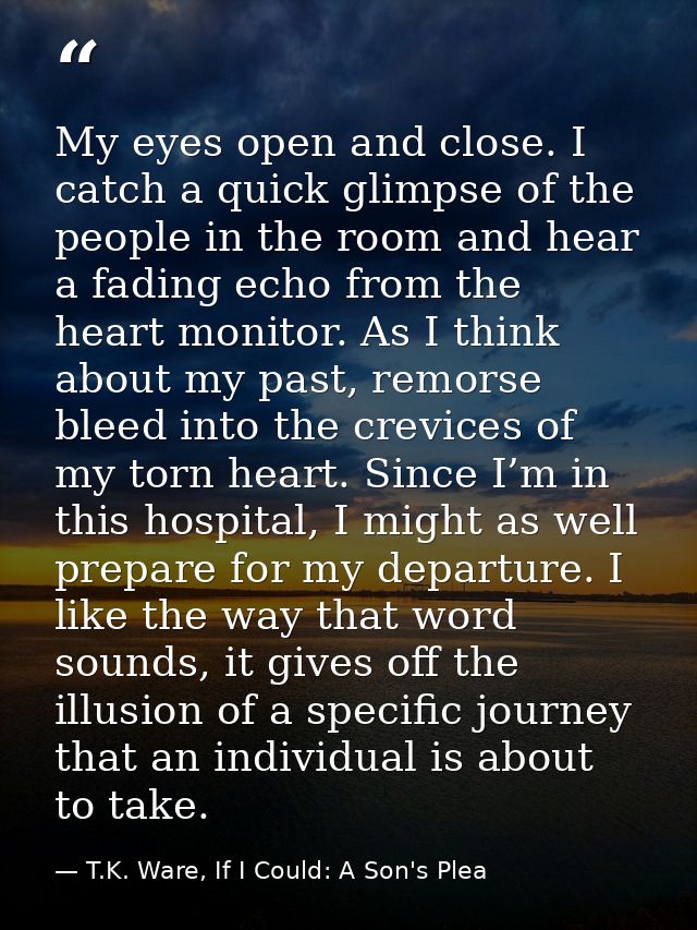 My eyes open and close. I catch a quick glimpse of the people in the room and hear a fading echo from the heart monitor. — T.K. Ware, If I Could: A Son's Plea