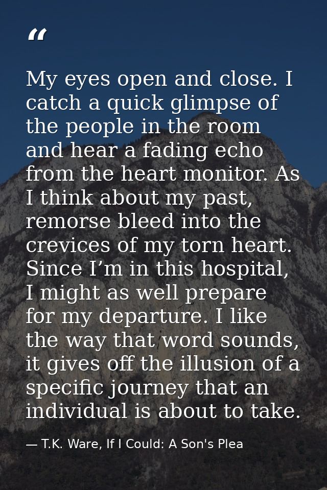 My eyes open and close. I catch a quick glimpse of the people in the room and hear a fading echo from the heart monitor. — T.K. Ware, If I Could: A Son's Plea