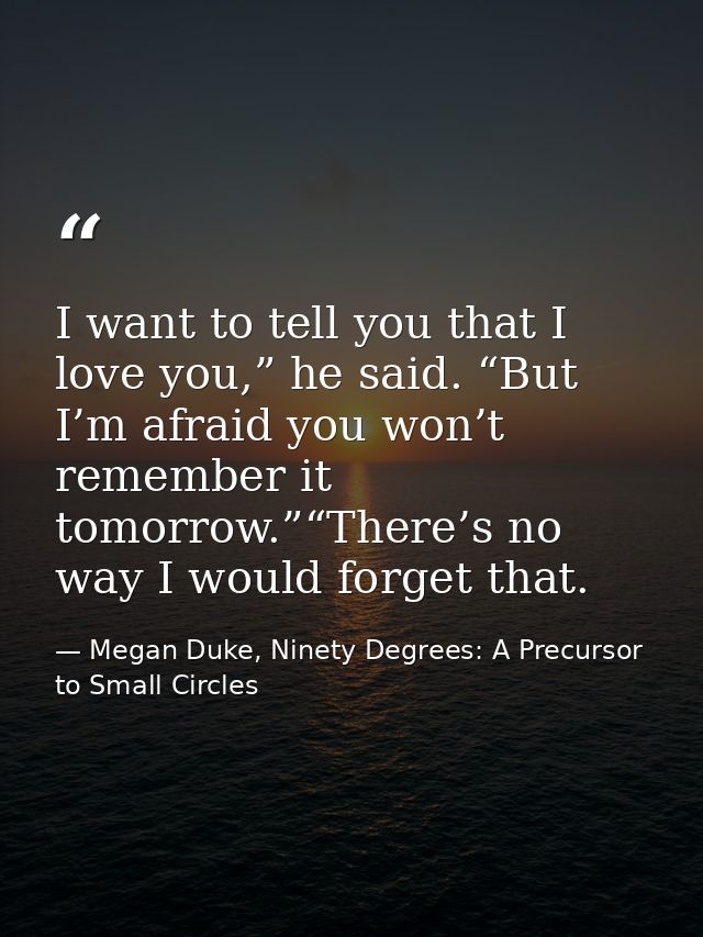 I want to tell you that I love you,” he said. “But I’m afraid you won’t remember it tomorrow.”“There’s no way I would fo — Megan Duke, Ninety Degrees: A Precursor to Small Circles