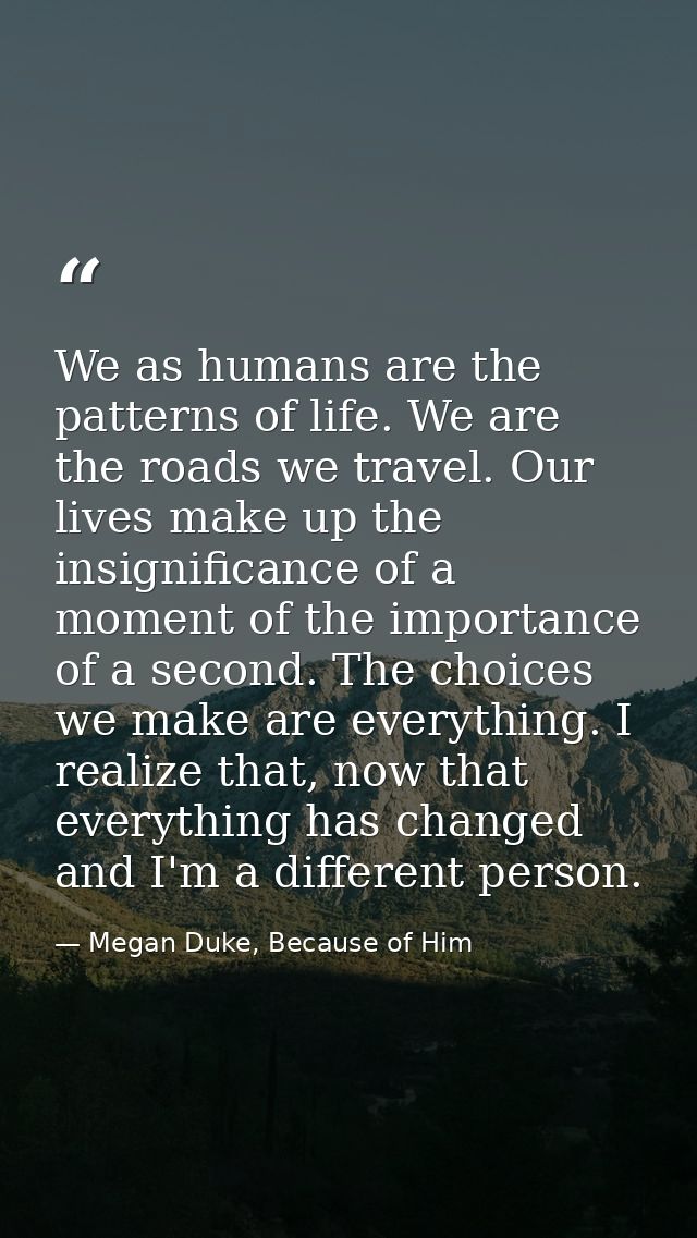 We as humans are the patterns of life. We are the roads we travel. Our lives make up the insignificance of a moment of t — Megan Duke, Because of Him