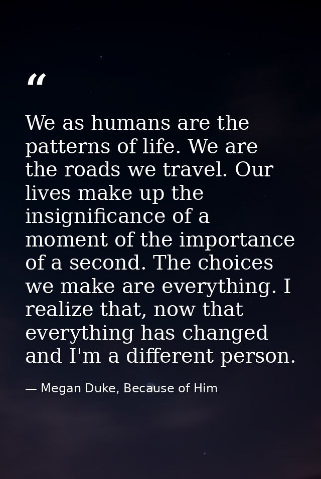 We as humans are the patterns of life. We are the roads we travel. Our lives make up the insignificance of a moment of t — Megan Duke, Because of Him