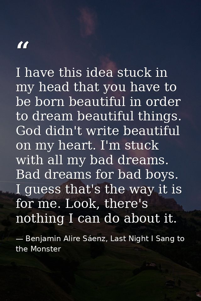 I have this idea stuck in my head that you have to be born beautiful in order to dream beautiful things. God didn't writ — Benjamin Alire Sáenz, Last Night I Sang to the Monster