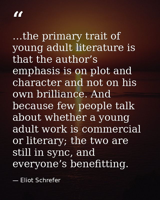 …the primary trait of young adult literature is that the author’s emphasis is on plot and character and not on his own b — Eliot Schrefer