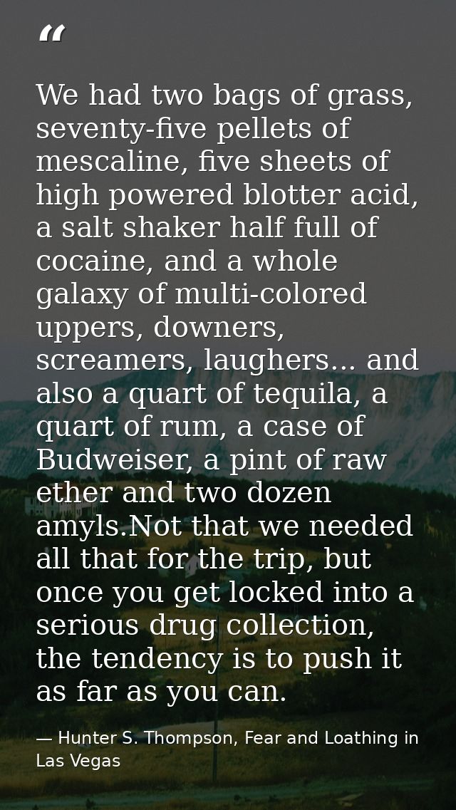 We had two bags of grass, seventy-five pellets of mescaline, five sheets of high powered blotter acid, a salt shaker hal — Hunter S. Thompson, Fear and Loathing in Las Vegas