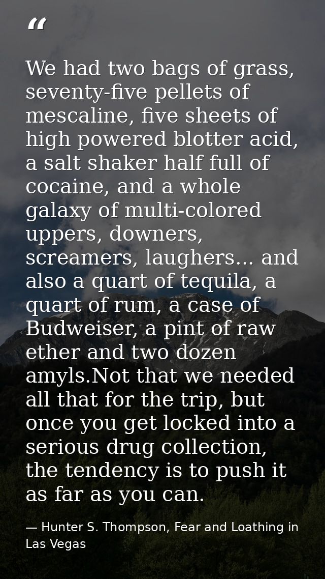 We had two bags of grass, seventy-five pellets of mescaline, five sheets of high powered blotter acid, a salt shaker hal — Hunter S. Thompson, Fear and Loathing in Las Vegas