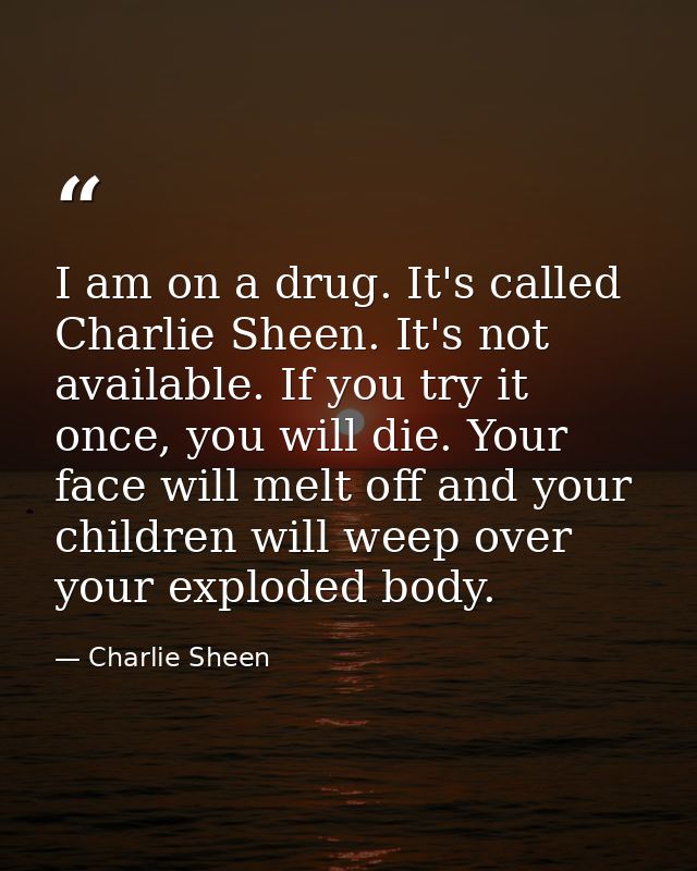 I am on a drug. It's called Charlie Sheen. It's not available. If you try it once, you will die. Your face will melt off — Charlie Sheen