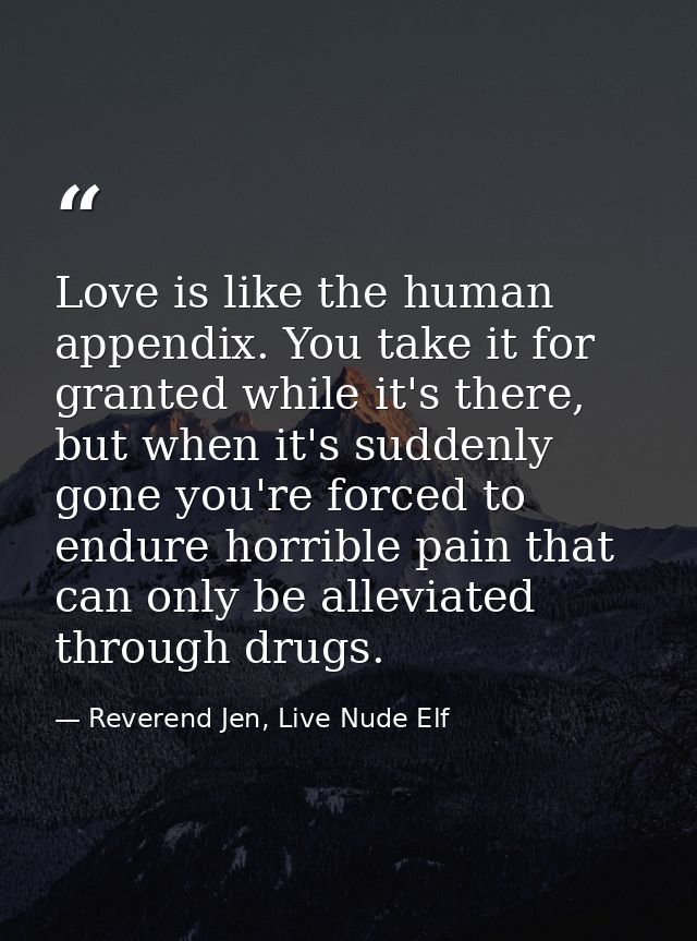 Love is like the human appendix. You take it for granted while it's there, but when it's suddenly gone you're forced to  — Reverend Jen, Live Nude Elf