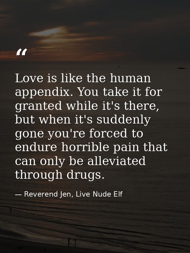 Love is like the human appendix. You take it for granted while it's there, but when it's suddenly gone you're forced to  — Reverend Jen, Live Nude Elf