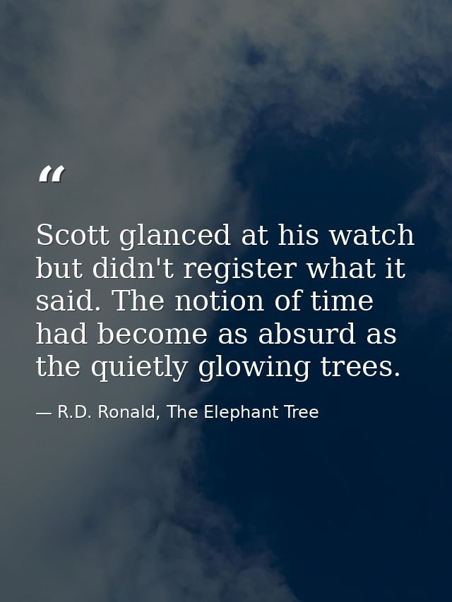 Scott glanced at his watch but didn't register what it said. The notion of time had become as absurd as the quietly glow — R.D. Ronald, The Elephant Tree