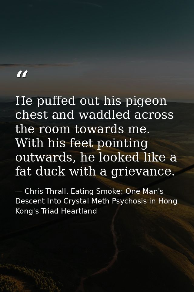 He puffed out his pigeon chest and waddled across the room towards me. With his feet pointing outwards, he looked like a — Chris Thrall, Eating Smoke: One Man's Descent Into Crystal Meth Psychosis in Hong Kong's Triad Heartland